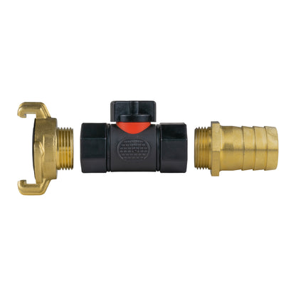 Geka Style Connector with In-Line BSPF Valve and 25mm Brass Hose Joiner
