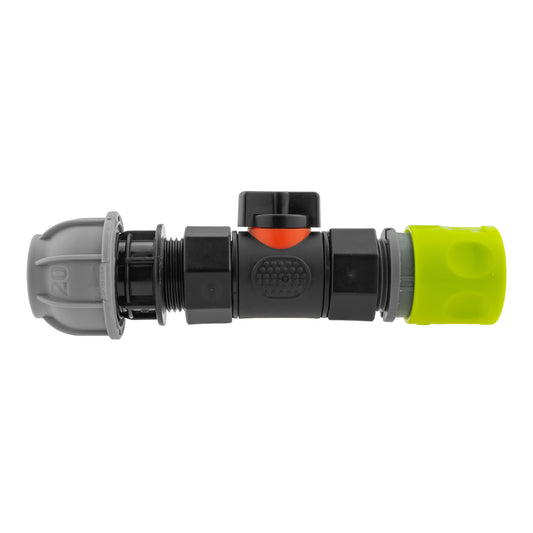 Lime Hose Connector with BSPF In-Line Valve and 20mm MDPE Straight Coupling