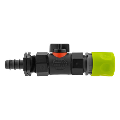 Lime Hose Connector with BSPF In-Line Valve and 16mm Barbed Straight Fitting