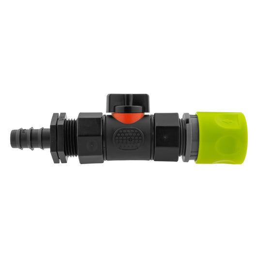 Lime Hose Connector with BSPF In-Line Valve and 16mm Barbed Straight Fitting