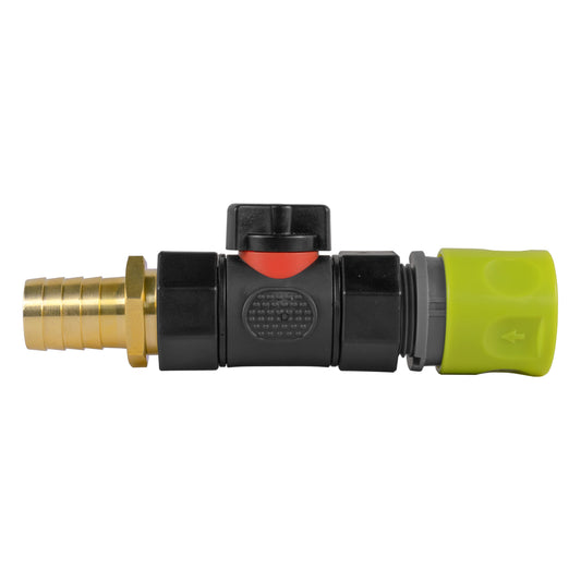 Lime Hose Connector with BSPF In-Line Valve and 19mm Brass Barbed Fitting