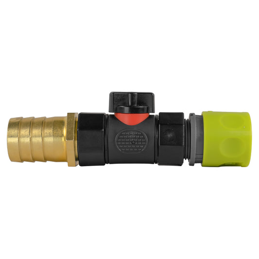 Lime Hose Connector with BSPF In-Line Valve and 25mm Brass Barbed Fitting