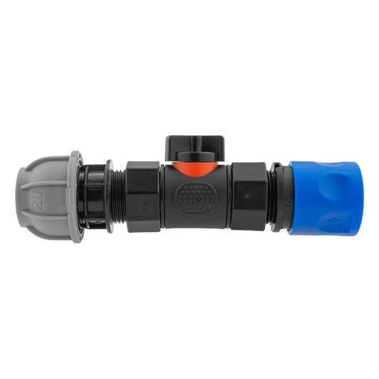 Blue Hose Connector with ¾" BSPF In-Line Valve and 20mm MDPE Straight Fitting