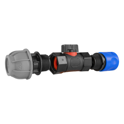 Blue Hose Connector with ¾" BSPF In-Line Valve and 20mm MDPE Straight Fitting