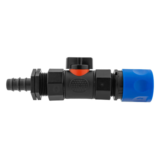 Blue Hose Connector with BSPF In-Line Valve and 16mm Barbed Straight Fitting