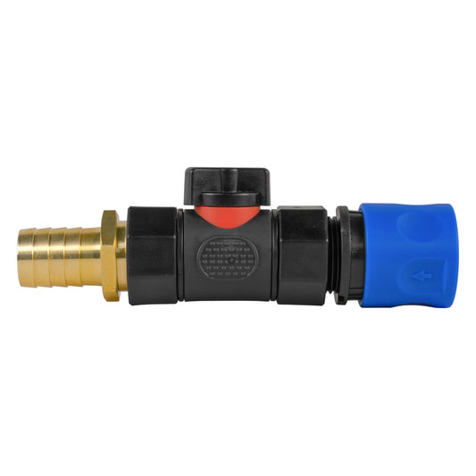 Blue Hose Fitting with Integrated BSPF Valve and 19mm Brass Hose Tail