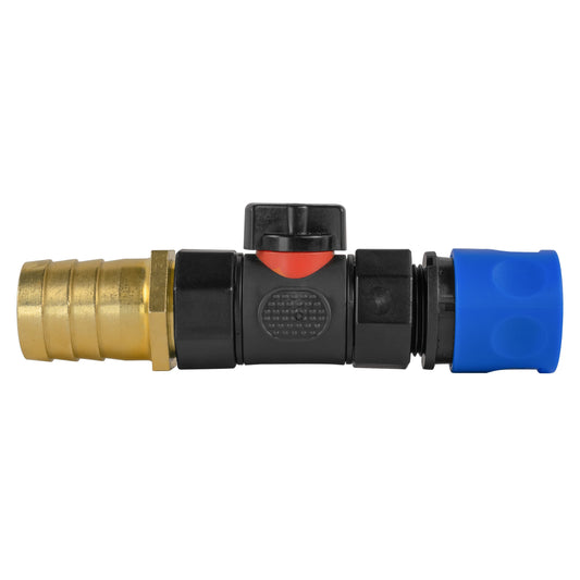 Blue Hose Fitting with Integrated BSPF Valve and 25mm Brass Hose Tail