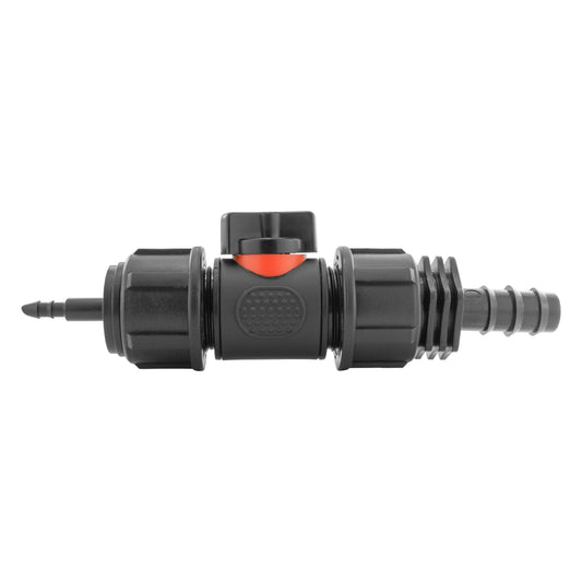 4mm Micro Barb Connector with 3/4" BSPM In-Line Valve and 16mm Straight Barb Adapter