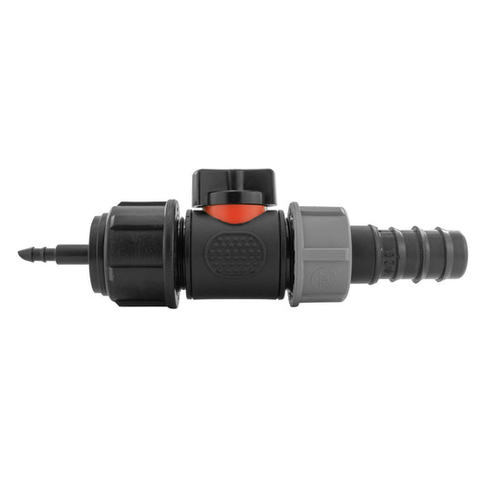 4mm Micro Barb Connector with 3/4" BSPM In-Line Valve and 20mm Straight Barb Adapter