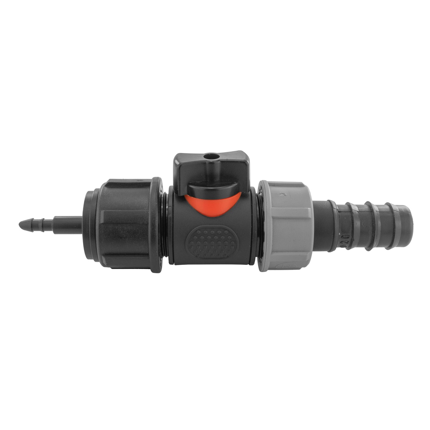 4mm Micro Barb Connector with 3/4" BSPM In-Line Valve and 20mm Straight Barb Adapter