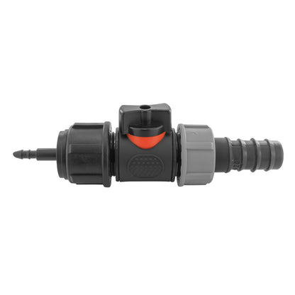 4mm Micro Barb Connector with 3/4" BSPM In-Line Valve and 20mm Straight Barb Adapter