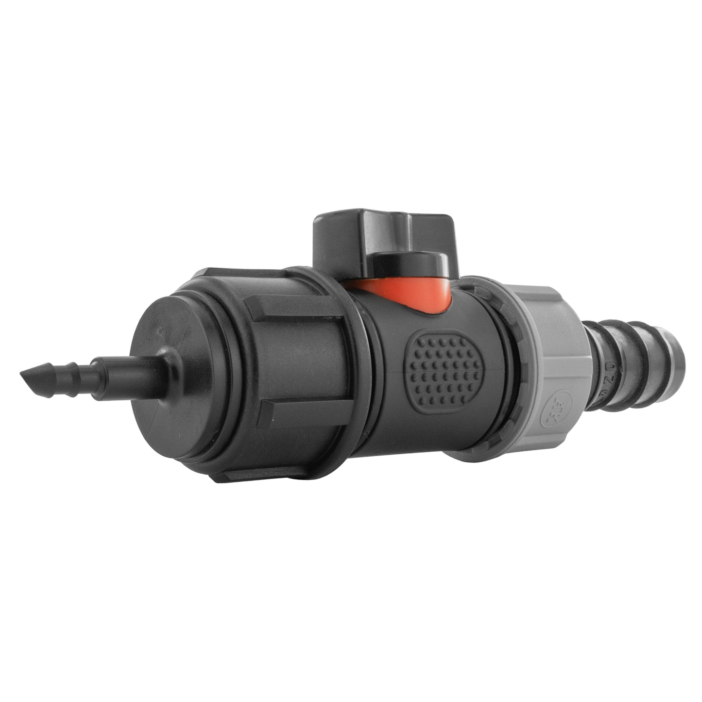 4mm Micro Barb Connector with 3/4" BSPM In-Line Valve and 20mm Straight Barb Adapter