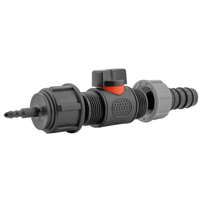 4mm Micro Barb Connector with 3/4" BSPM In-Line Valve and 20mm Straight Barb Adapter