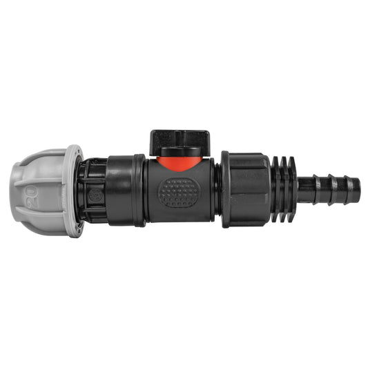 20mm MDPE Straight Connector with Integrated BSPM Valve and 16mm Barbed Fitting