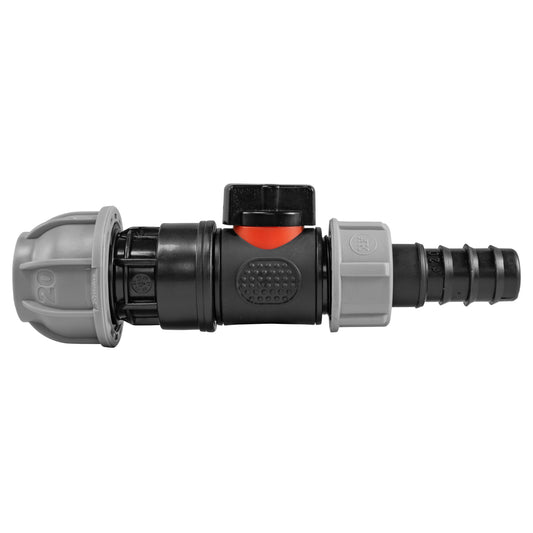 20mm MDPE Straight Connector with Integrated BSPM Valve and 20mm Barbed Fitting