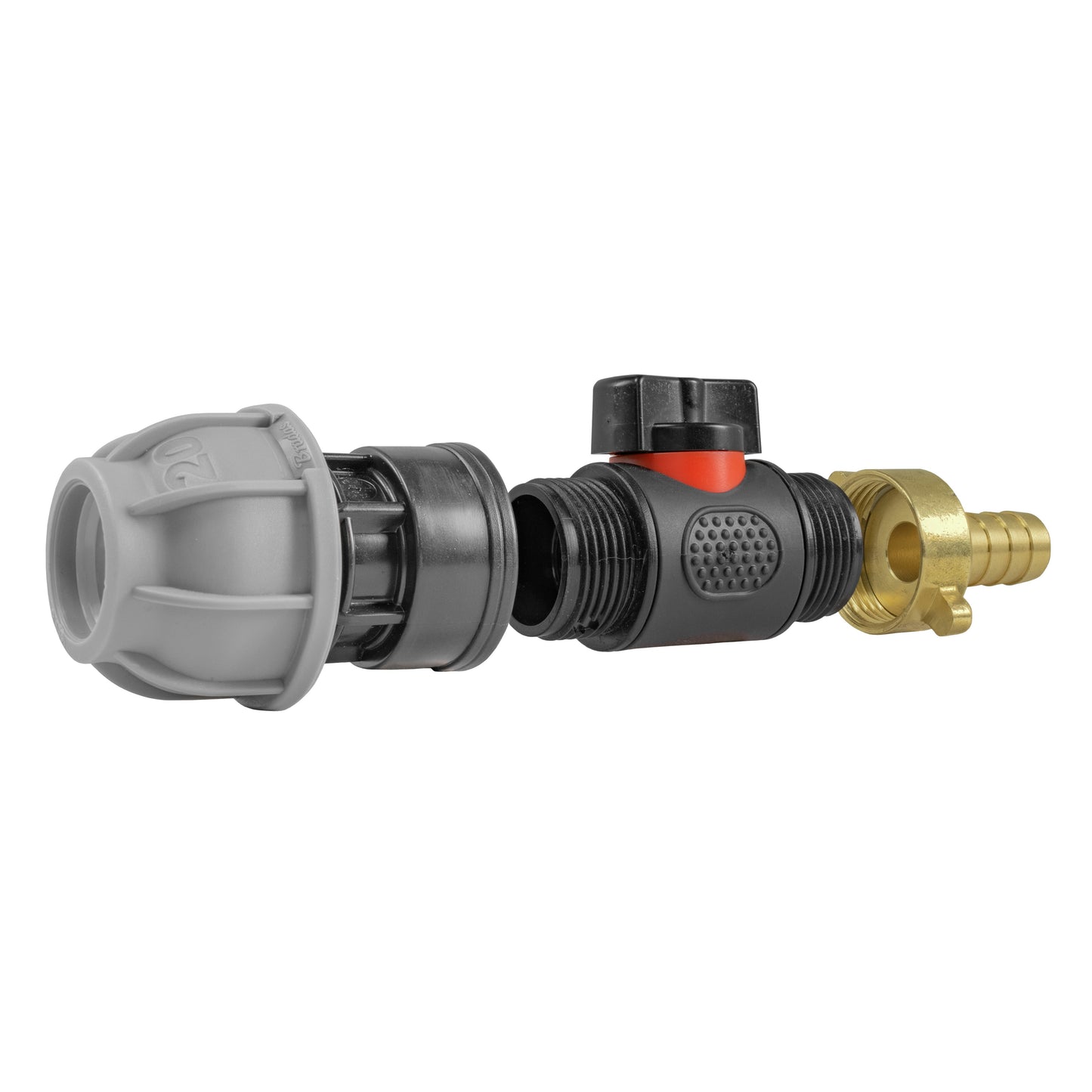 20mm MDPE Connector Set with In-Line BSPM Valve and 13mm Brass Hose Barb