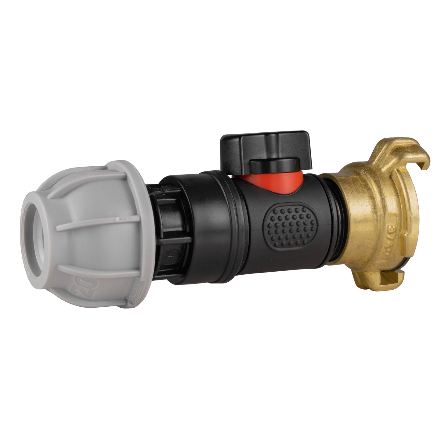 20mm MDPE Connector with In-Line BSPM Valve and Geka-Style Coupling