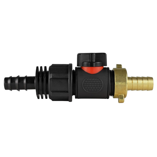 16mm Barbed Connector with In-Line BSPM Valve and 13mm Brass Hose Tail