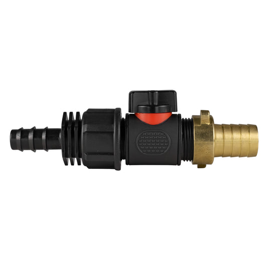 16mm Barbed Connector with In-Line BSPM Valve and 19mm Brass Hose Tail