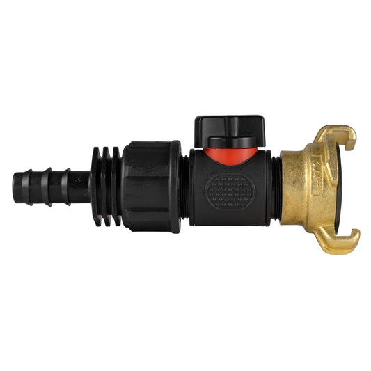 16mm Hose Barb Connector with In-Line BSPM Valve and Geka Style Coupling