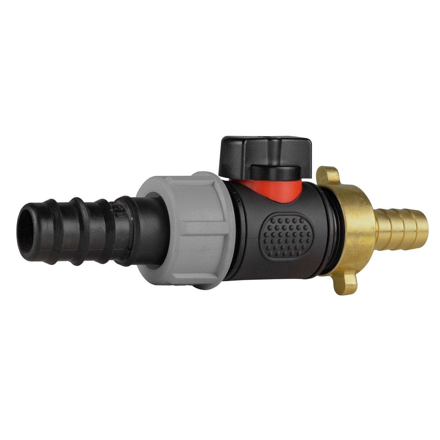 20mm Hose Barb Connector with ¾" BSP Male In-Line Valve and 13mm Brass Hose Tail