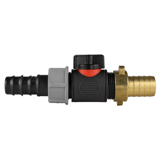 20mm Hose Barb Connector with ¾" BSP Male In-Line Valve and 19mm Brass Hose Tail