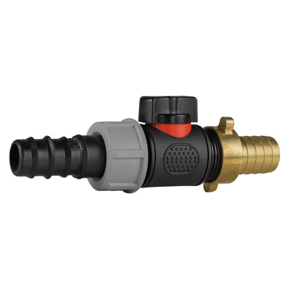 20mm Hose Barb Connector with ¾" BSP Male In-Line Valve and 19mm Brass Hose Tail