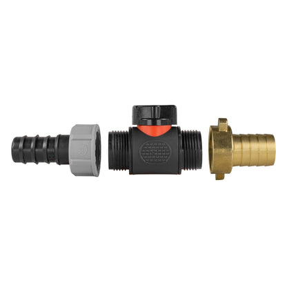 20mm Hose Barb Connector with ¾" BSP Male In-Line Valve and 19mm Brass Hose Tail