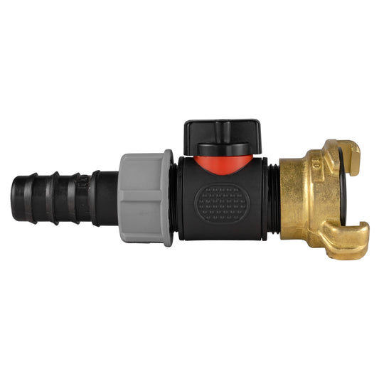 20mm Barbed Joiner with In-Line BSPM Valve and Geka-Style Coupling