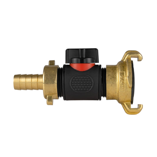 13mm Brass Hose Barb with ¾" BSPM In-Line Valve and Geka Style Coupling