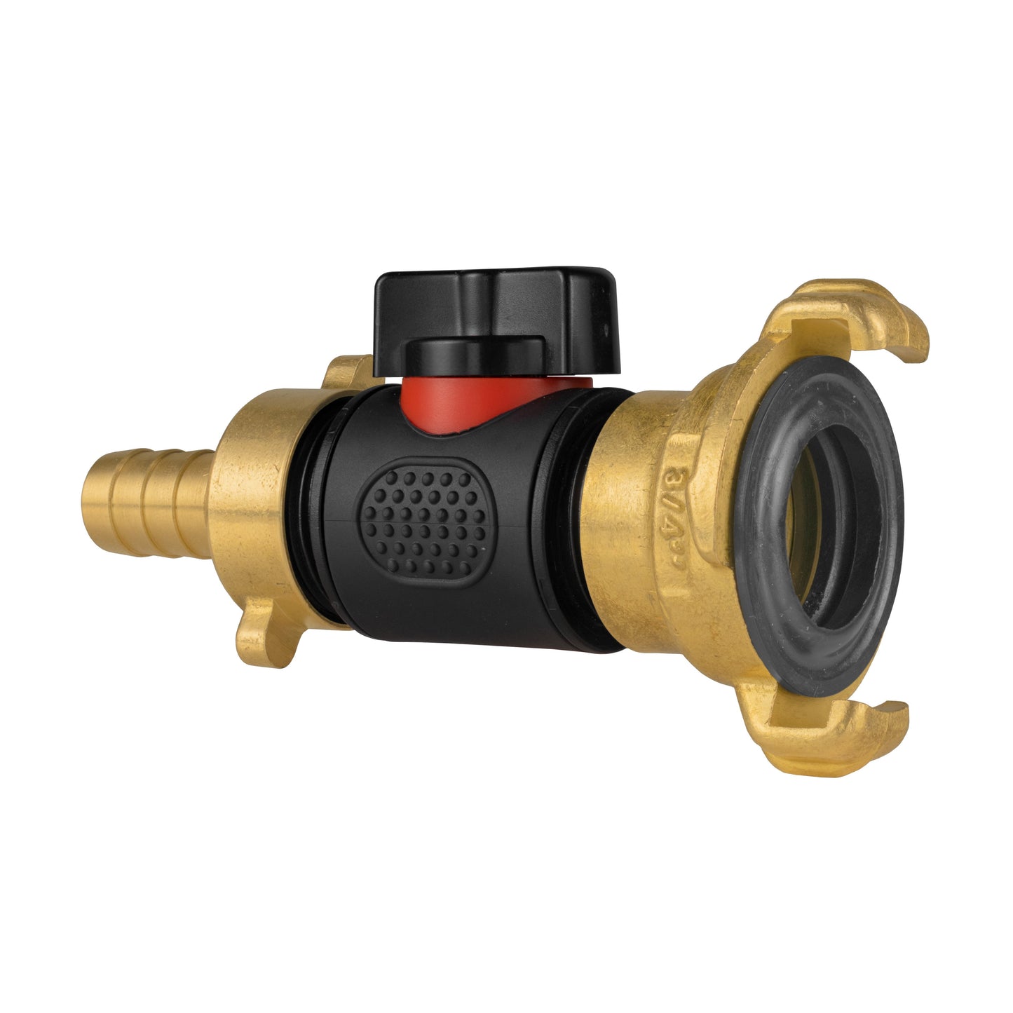 13mm Brass Hose Barb with ¾" BSPM In-Line Valve and Geka Style Coupling