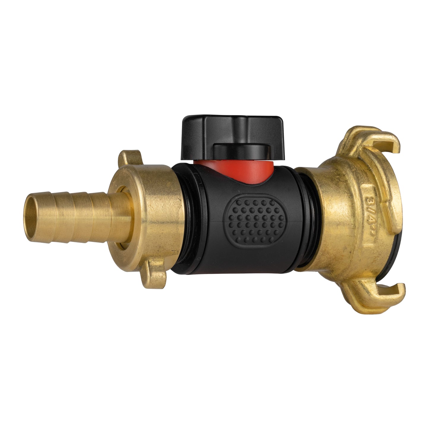 13mm Brass Hose Barb with ¾" BSPM In-Line Valve and Geka Style Coupling