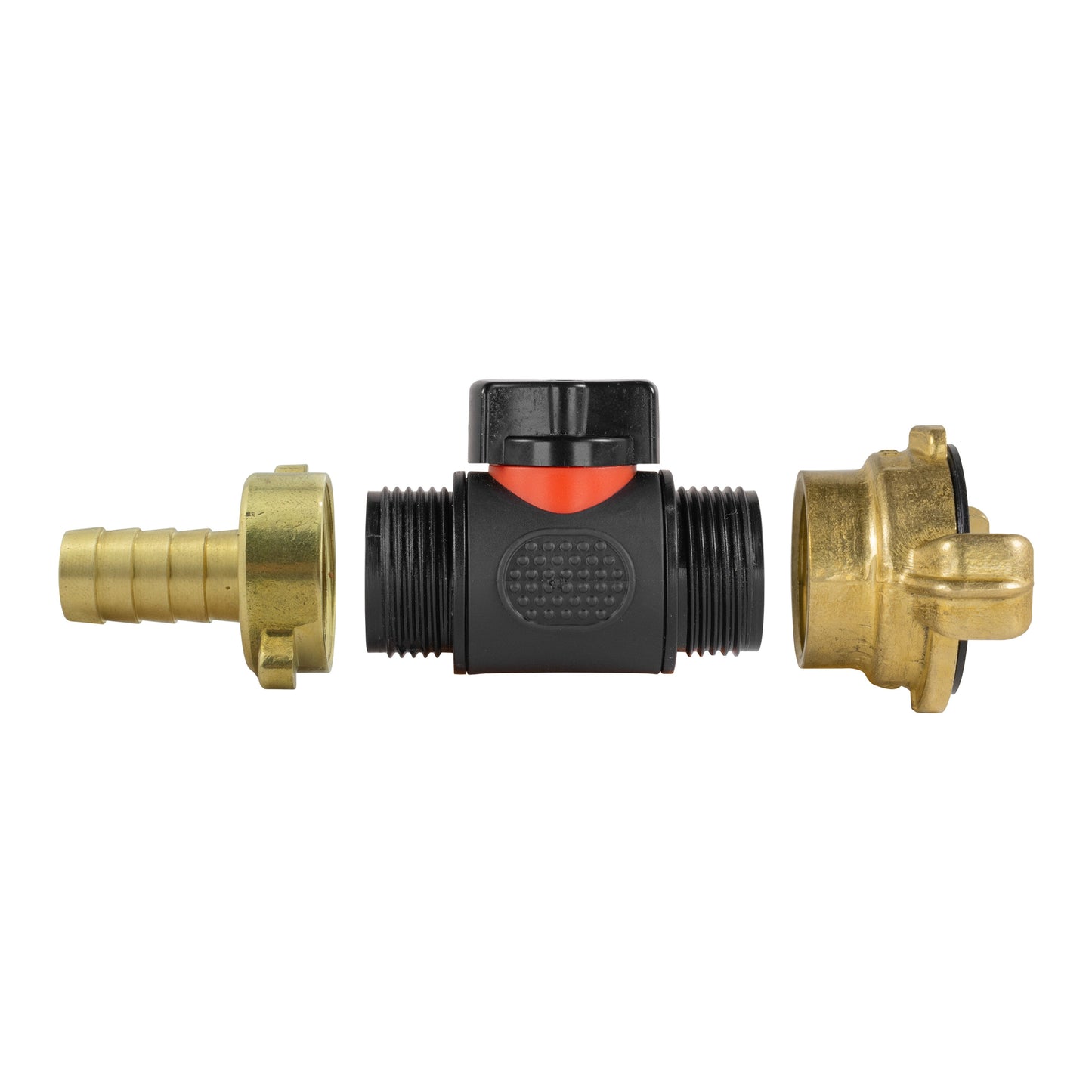 13mm Brass Hose Barb with ¾" BSPM In-Line Valve and Geka Style Coupling