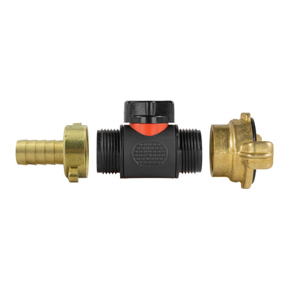 13mm Brass Hose Barb with ¾" BSPM In-Line Valve and Geka Style Coupling