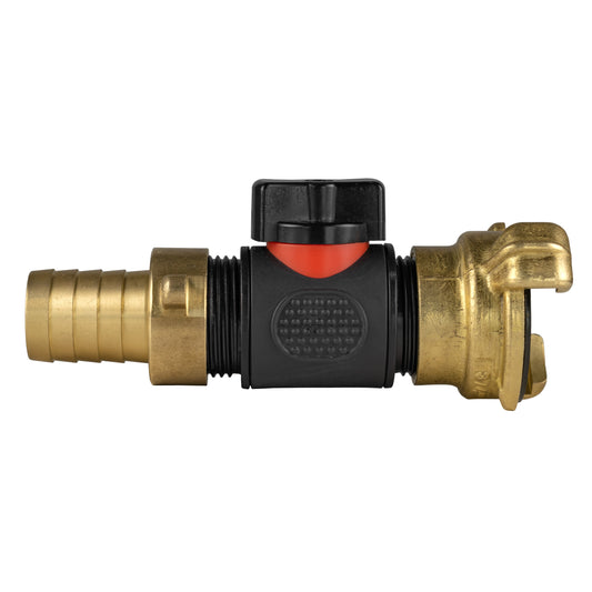 19mm Brass Hose Barb with ¾" BSPM In-Line Valve and Geka-Type Connector