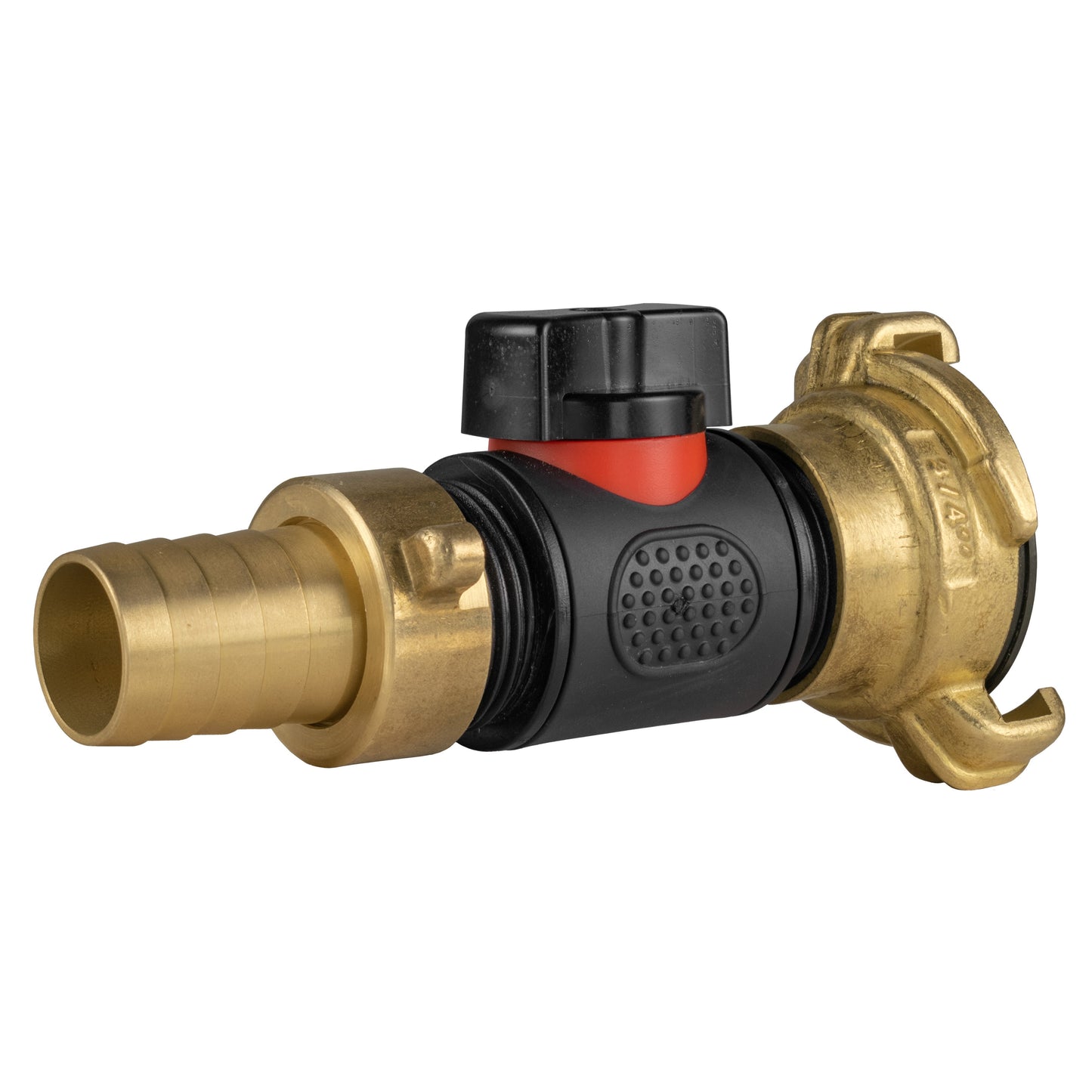 19mm Brass Hose Barb with ¾" BSPM In-Line Valve and Geka-Type Connector