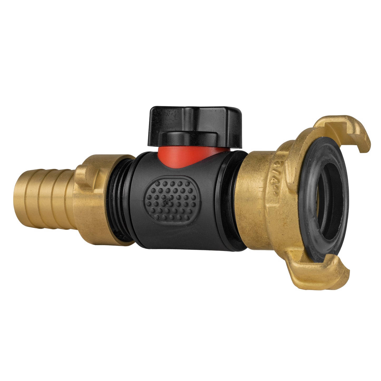19mm Brass Hose Barb with ¾" BSPM In-Line Valve and Geka-Type Connector