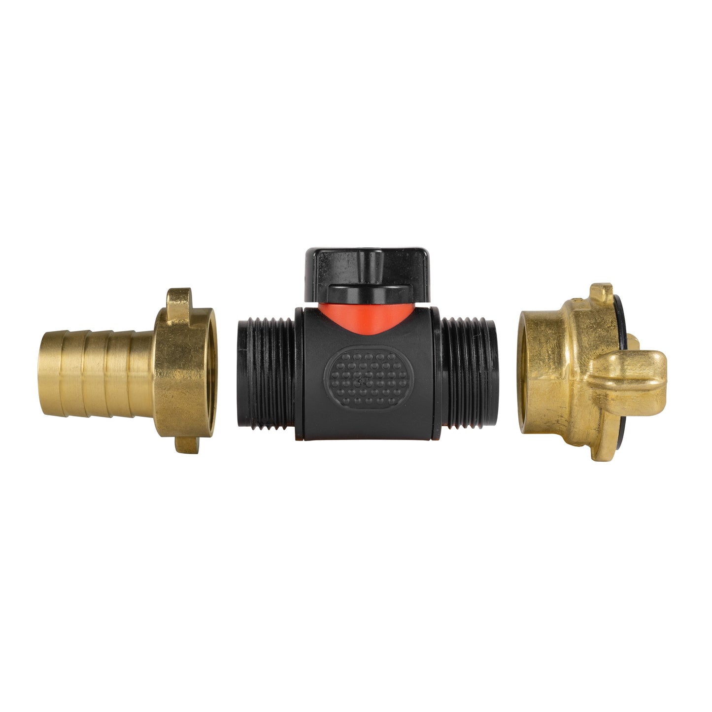 19mm Brass Hose Barb with ¾" BSPM In-Line Valve and Geka-Type Connector