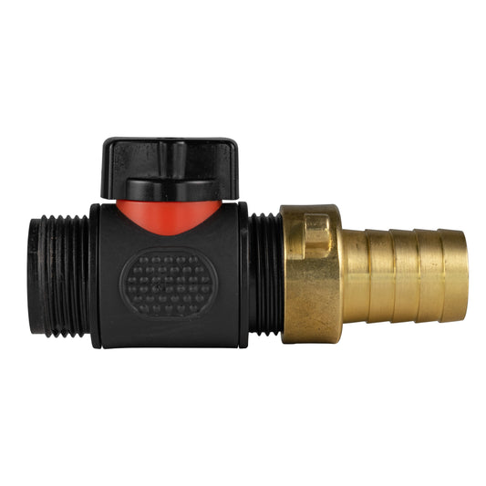 19mm Brass Hose Barb with ¾" BSPM In-Line Valve