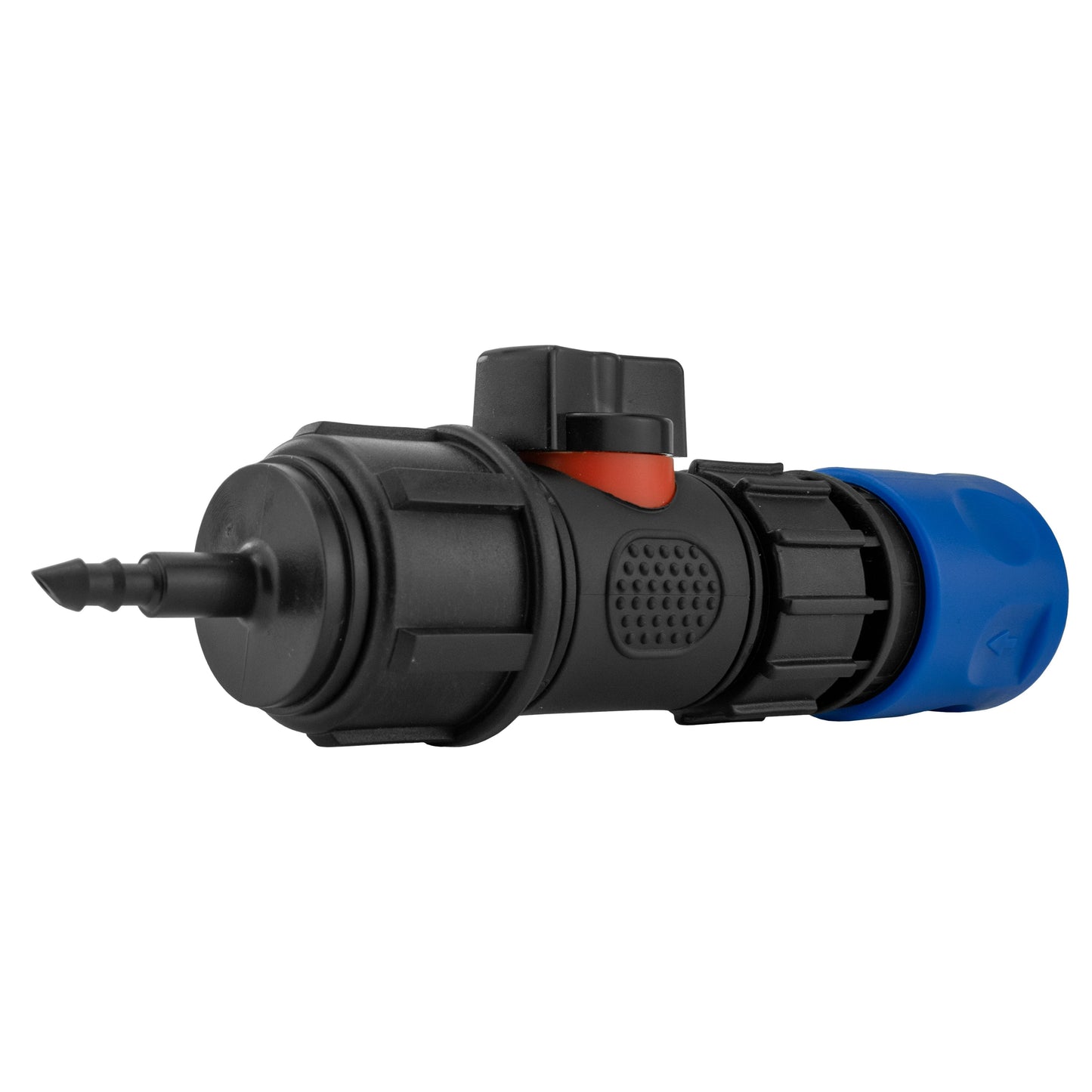 Blue Hose Connector with In-Line BSPM Valve and 4mm Barb Micro Connector