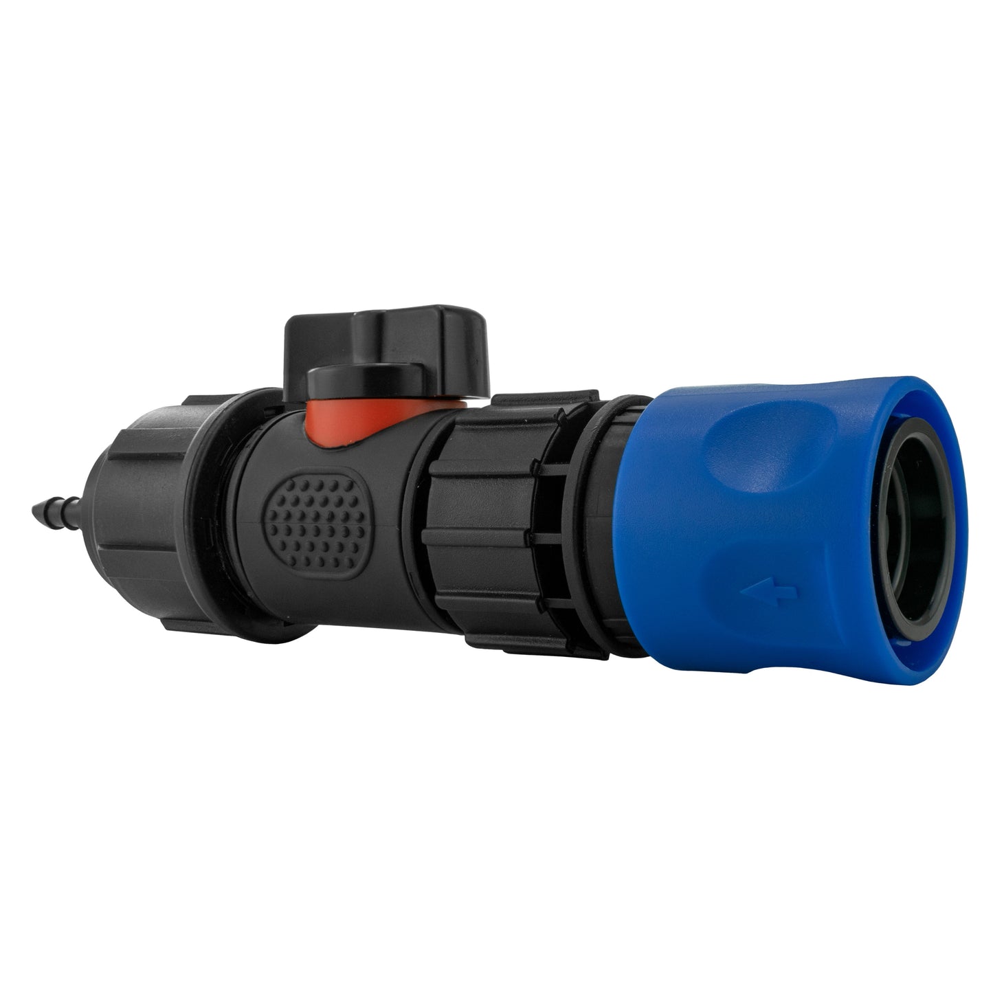Blue Hose Connector with In-Line BSPM Valve and 4mm Barb Micro Connector