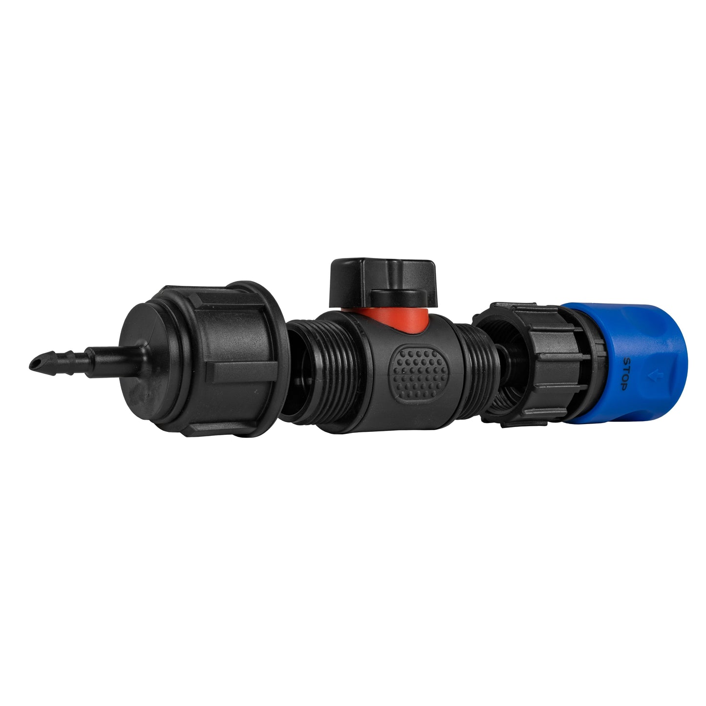 Blue Hose Connector with In-Line BSPM Valve and 4mm Barb Micro Connector