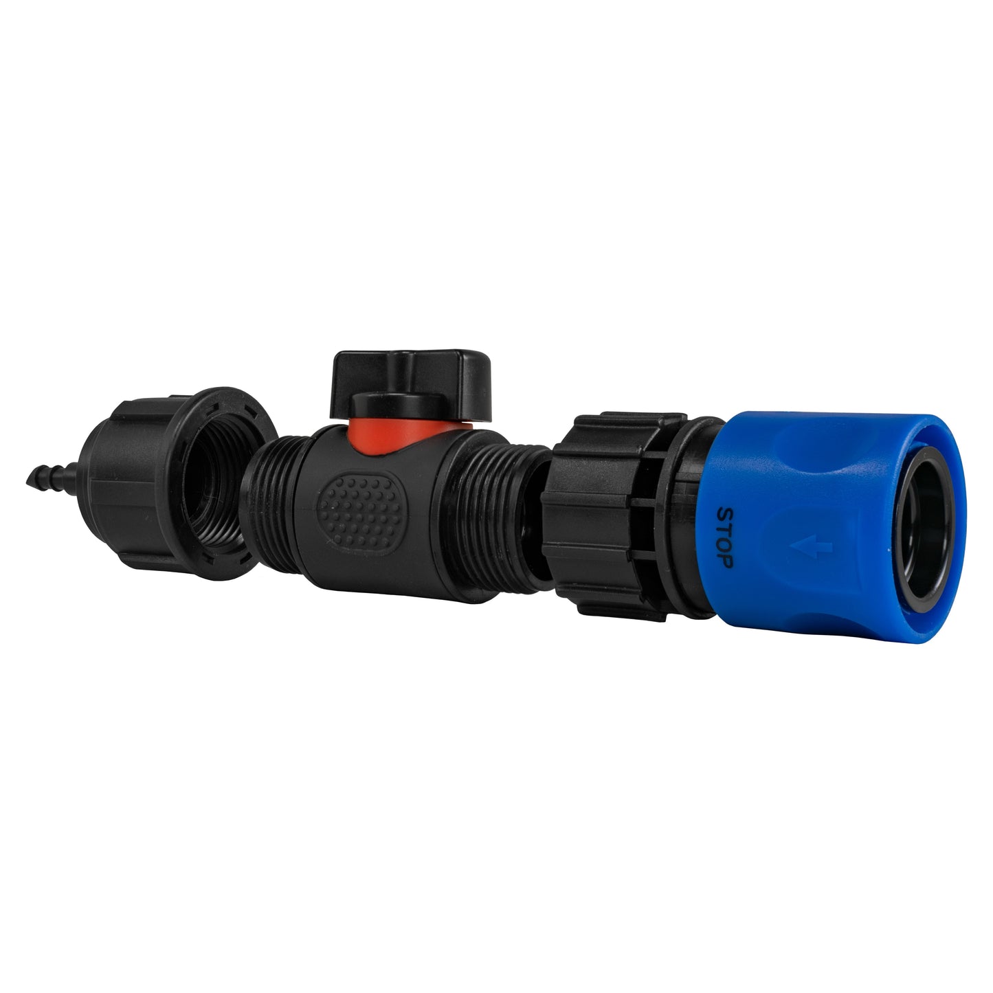 Blue Hose Connector with In-Line BSPM Valve and 4mm Barb Micro Connector