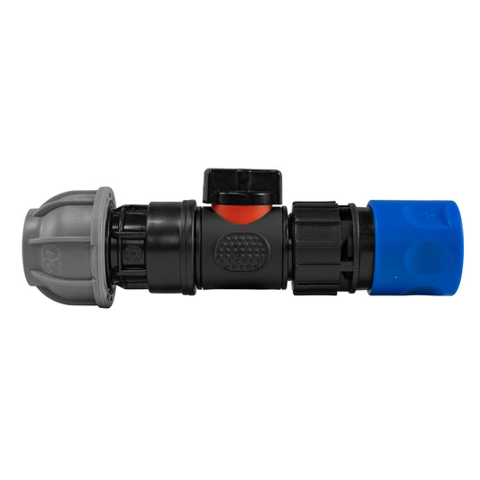 Blue Hose Connector with In-Line BSPM Valve and 20mm MDPE Straight Connector