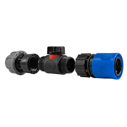 Blue Hose Connector with In-Line BSPM Valve and 20mm MDPE Straight Connector
