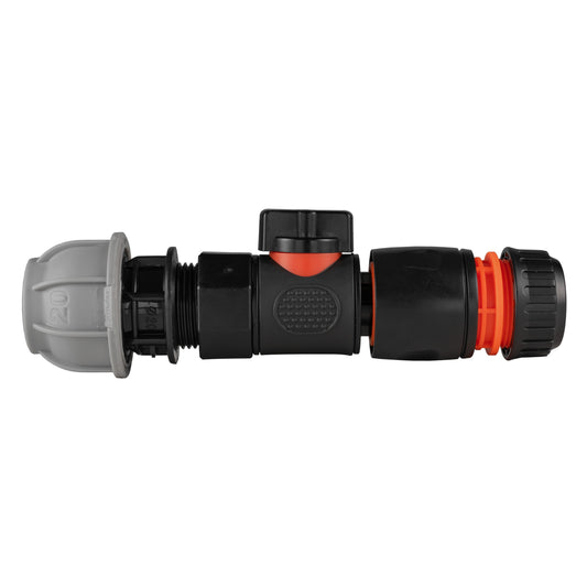 20mm MDPE Straight Connector with BSPF Quick-Connect Valve and Black Hose Fitting