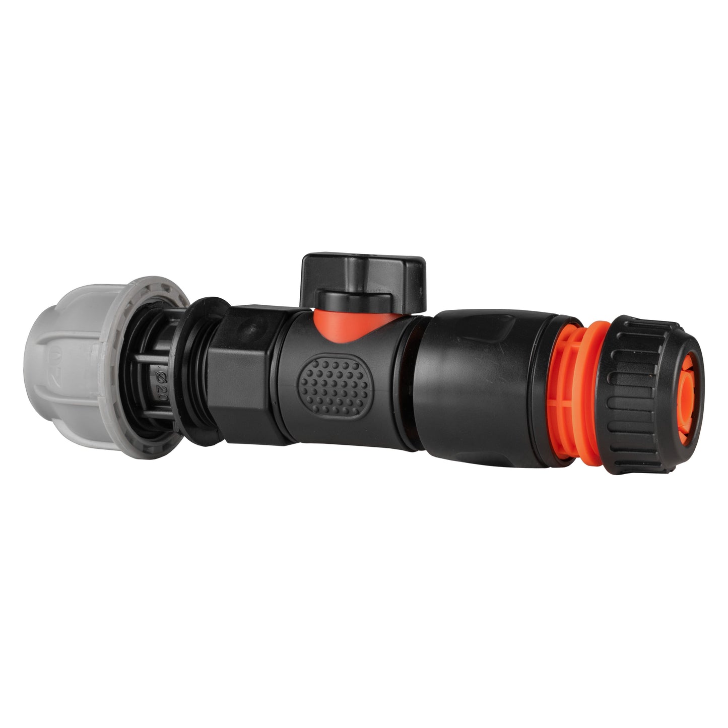 20mm MDPE Straight Connector with BSPF Quick-Connect Valve and Black Hose Fitting