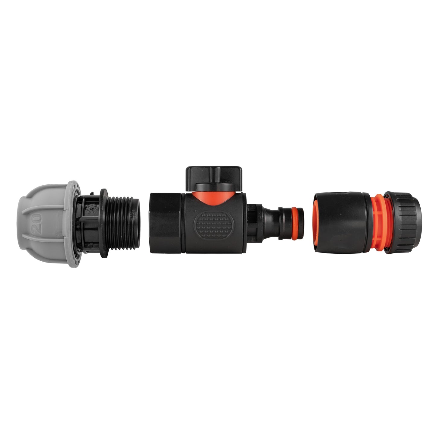 20mm MDPE Straight Connector with BSPF Quick-Connect Valve and Black Hose Fitting