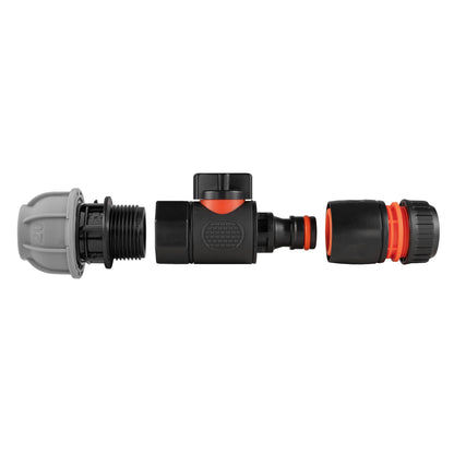 20mm MDPE Straight Connector with BSPF Quick-Connect Valve and Black Hose Fitting
