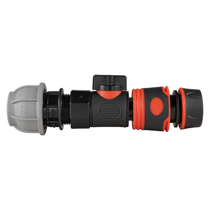 20mm MDPE Straight Connector with BSPF Quick-Connect Valve & Soft-Grip Black Hose Fitting